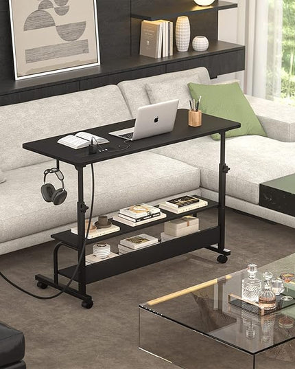 Height Adjustable Standing Desk with Power Outlets, 39" Manual Stand Up Desk with Storage Shelves Small Mobile Rolling Computer Desk Portable Laptop Table with Wheels for Home Office, Black - LeafyLoom