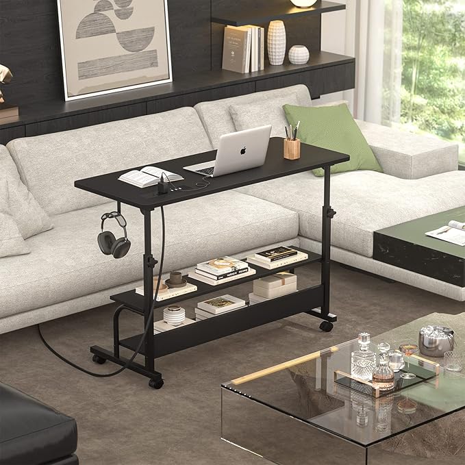 Height Adjustable Standing Desk with Power Outlets, 39" Manual Stand Up Desk with Storage Shelves Small Mobile Rolling Computer Desk Portable Laptop Table with Wheels for Home Office, Black - LeafyLoom