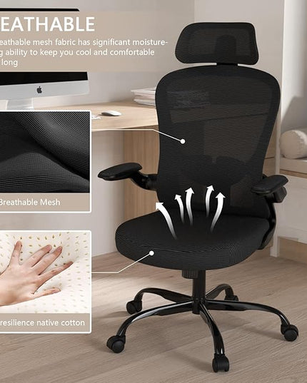 Office Chair, High Back Ergonomic Desk Chair, Breathable Mesh Desk Chair with Adjustable Lumbar Support and Headrest, Swivel Task Chair with flip-up Armrests, Executive Chair for Home Office - LeafyLoom