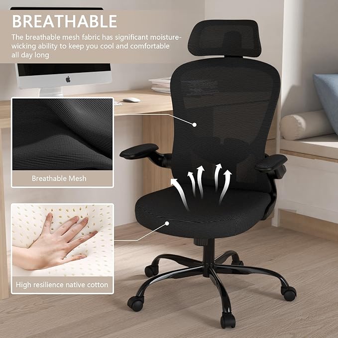 Office Chair, High Back Ergonomic Desk Chair, Breathable Mesh Desk Chair with Adjustable Lumbar Support and Headrest, Swivel Task Chair with flip-up Armrests, Executive Chair for Home Office - LeafyLoom