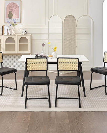 Rattan Dining Chairs Set of 2, Mid Century Modern PU Leather Dining Room Kitchen Chairs with Cane Back, Metal Chrome Legs, Upholstered Wicker Armless Accent Chairs, Black - LeafyLoom