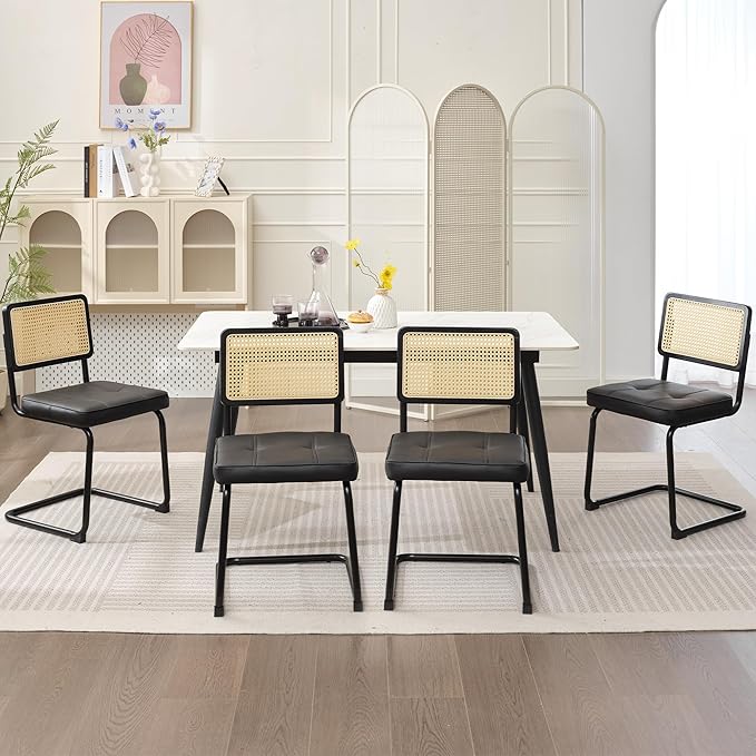 Rattan Dining Chairs Set of 2, Mid Century Modern PU Leather Dining Room Kitchen Chairs with Cane Back, Metal Chrome Legs, Upholstered Wicker Armless Accent Chairs, Black - LeafyLoom