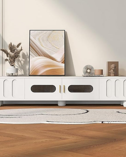Merax Modern TV Stand for Televisions up to 80 Inches, Entertainment Center with Glass Door, 2 Drawers Wood Storage Cabinet with Solid Legs and Metal Handles for Living Room, 70.90" Length, White - LeafyLoom