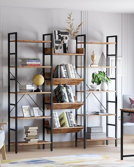 IRONCK Bookcases and Bookshelves Triple Wide 5 Tiers Industrial Bookshelf, Large Etagere Bookshelf Open Record Player Shelves with Metal Frame for Living Room Home Office - LeafyLoom