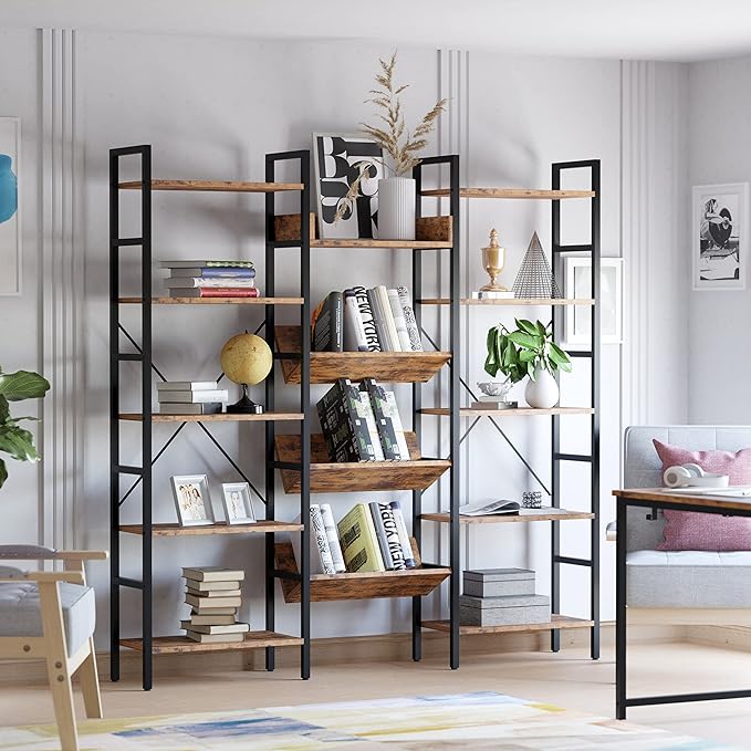 IRONCK Bookcases and Bookshelves Triple Wide 5 Tiers Industrial Bookshelf, Large Etagere Bookshelf Open Record Player Shelves with Metal Frame for Living Room Home Office - LeafyLoom