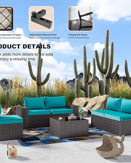 Kullavik 6PCS Outdoor Patio Furniture Set PE Wicker Rattan Sectional Sofa Patio Conversation Sets,Blue - LeafyLoom