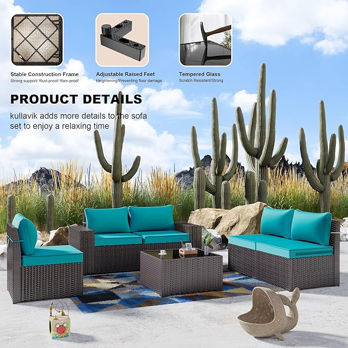 Kullavik 6PCS Outdoor Patio Furniture Set PE Wicker Rattan Sectional Sofa Patio Conversation Sets,Blue - LeafyLoom