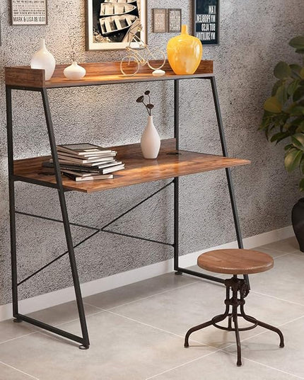 DESIGNA 48 Inch Ladder Desk with Storage Shelves, 2-Tier Home Office Students Study Writing PC Computer Gaming Table with Bookshelf Modern Workstation for Small Space Saving, Metal Frame, Rustic Brown - LeafyLoom