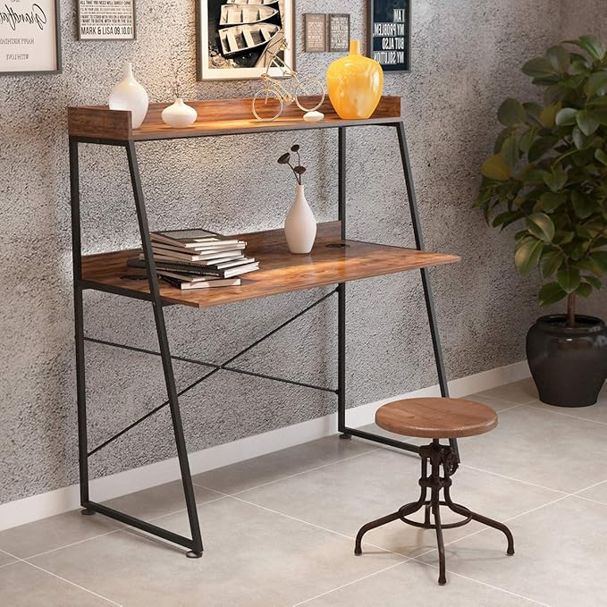 DESIGNA 48 Inch Ladder Desk with Storage Shelves, 2-Tier Home Office Students Study Writing PC Computer Gaming Table with Bookshelf Modern Workstation for Small Space Saving, Metal Frame, Rustic Brown - LeafyLoom