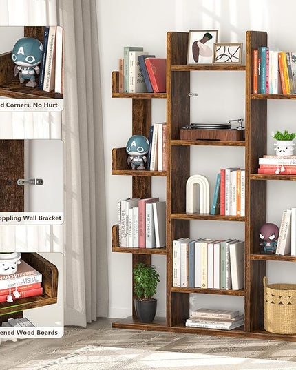 Aheaplus Bookshelf, Tree-Shaped Bookcase Storage Shelf with 13 compartments, Books Organizer Display Cube Shelves, Industrial Free Floor Standing Wood Open Bookshelves for Home - LeafyLoom