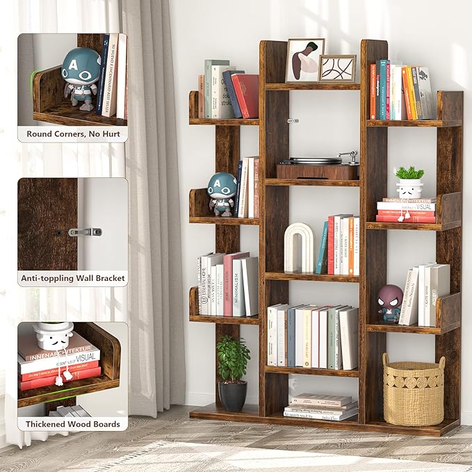 Aheaplus Bookshelf, Tree-Shaped Bookcase Storage Shelf with 13 compartments, Books Organizer Display Cube Shelves, Industrial Free Floor Standing Wood Open Bookshelves for Home - LeafyLoom