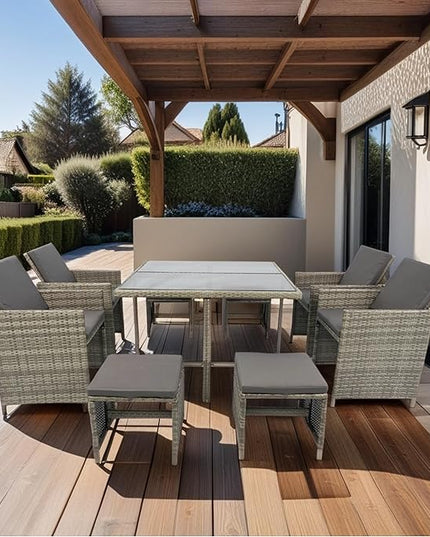 9 Pieces Patio Dining Outdoor Furniture, Space Saving Rattan Chairs with Glass Table, Cushioned Seating and Back Sectional Conversation Set, Zm-Grey - LeafyLoom