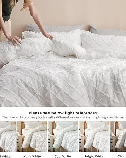 Bedsure Twin XL Comforter Set - White Twin Extra Long Comforter Set for College, Shabby Chic Dorm Bedding Set, 2 Pieces Boho Farmhouse Bed Set, includes 1 Pillow Sham - LeafyLoom