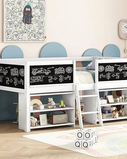 Twin Size Low loft Bed with Movable Shelves for Kids,Kids Low Loft Bed Frame with Guardrail Chalkboard and Storage,Solid Wood Loft Bed Twin for Boys,Girls (White) - LeafyLoom