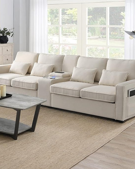 114.2" Linen Upholstered Sofa with Consoleand 2 USB Ports Wired or Wirelessly Charged,Modern 4-Seat Couches W/ 4 Pillows and Two Cupholders,for Living Room,Apartment,Beige - LeafyLoom