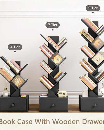 9 Tier Tree Bookshelf, Tree Bookcase with Drawer, Floor Standing Tall Wood Bookshelves, Modern Book Organizer for Living Room, Bedroom, Home Office, Black - LeafyLoom