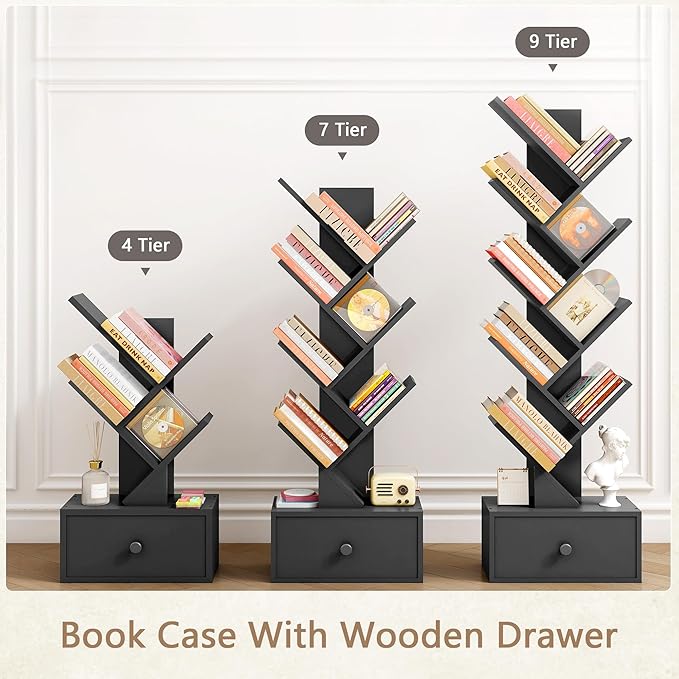 7 Tier Tree Bookshelf with Drawer, Tree Bookcase with Storage, Modern Floor Standing Bookshelves Organizer for Bedroom, Living Room, Home Office, Black - LeafyLoom