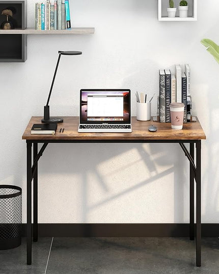 Need Folding Desk for Home Office 39-3/8 inch Length Modern Folding Table Computer Desk No Install Needed Rustic Brown Desktop Black Frame AC5FB(100 * 60) - LeafyLoom