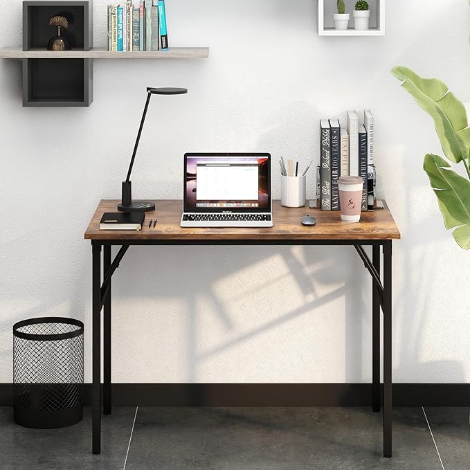 Need Folding Desk for Home Office 39-3/8 inch Length Modern Folding Table Computer Desk No Install Needed Rustic Brown Desktop Black Frame AC5FB(100 * 60) - LeafyLoom