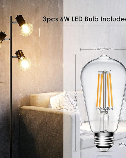 Industrial Floor Lamp, Standing Lamp, Farmhouse Tree Floor Lamp with 3pcs 6W Edison Bulbs, Free Adjustable Cage Heads, Independent Control, Floor Lamp for Living Room, Bedroom, Office, Rustic Home - LeafyLoom