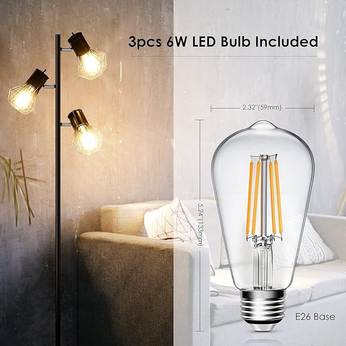 Industrial Floor Lamp, Standing Lamp, Farmhouse Tree Floor Lamp with 3pcs 6W Edison Bulbs, Free Adjustable Cage Heads, Independent Control, Floor Lamp for Living Room, Bedroom, Office, Rustic Home - LeafyLoom