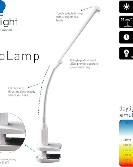 Daylight Company Unolamp Clamp Light, Touch Dimmable Desk Lamp, 4 Brightness Level, Ideal for Hobbies, Art, Beauty Salons, Reading and More, White - LeafyLoom