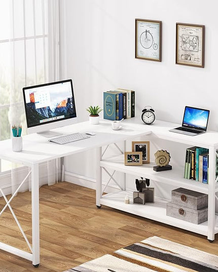 Tribesigns Reversible Industrial L-Shaped Desk with Storage Shelves, Corner Computer Desk PC Laptop Study Table Workstation for Home Office Small Space (White, 59") - LeafyLoom