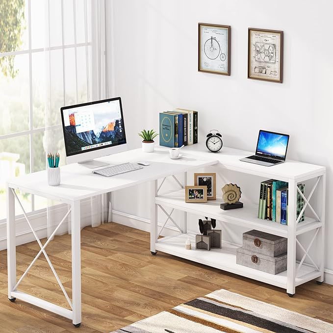Tribesigns Reversible Industrial L-Shaped Desk with Storage Shelves, Corner Computer Desk PC Laptop Study Table Workstation for Home Office Small Space (White, 59") - LeafyLoom