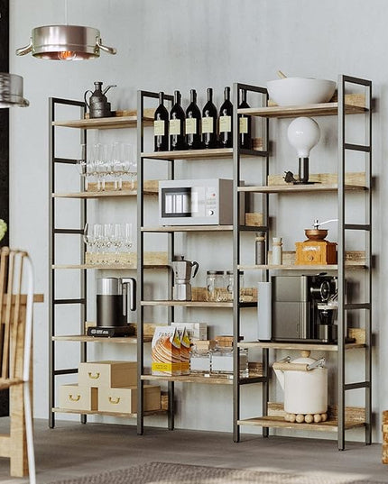 IRONCK Bookcases and Bookshelves Triple Wide 5 Tiers Industrial Bookshelf with Baffles Large Etagere Bookshelf with Metal Frame for Living Room Home Office - LeafyLoom