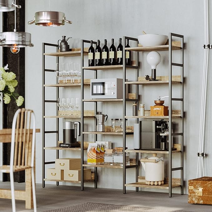 IRONCK Bookcases and Bookshelves Triple Wide 5 Tiers Industrial Bookshelf with Baffles Large Etagere Bookshelf with Metal Frame for Living Room Home Office - LeafyLoom