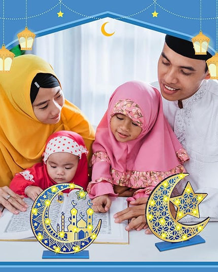 2 Pcs Ramadan Eid Mubarak Crafts Night Light 3D Wooden Moon Star Lights Ramadan Decorations LED Eid Mubarak Lamp Decor Ramadan Table Sign for Tabletop Home Party Supplies(Blue and Gold) - LeafyLoom
