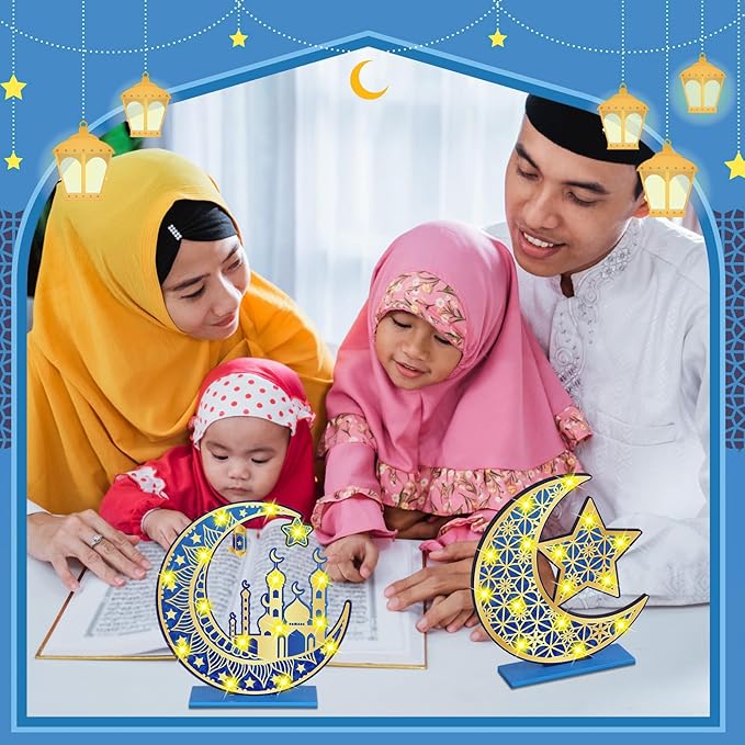 2 Pcs Ramadan Eid Mubarak Crafts Night Light 3D Wooden Moon Star Lights Ramadan Decorations LED Eid Mubarak Lamp Decor Ramadan Table Sign for Tabletop Home Party Supplies(Blue and Gold) - LeafyLoom