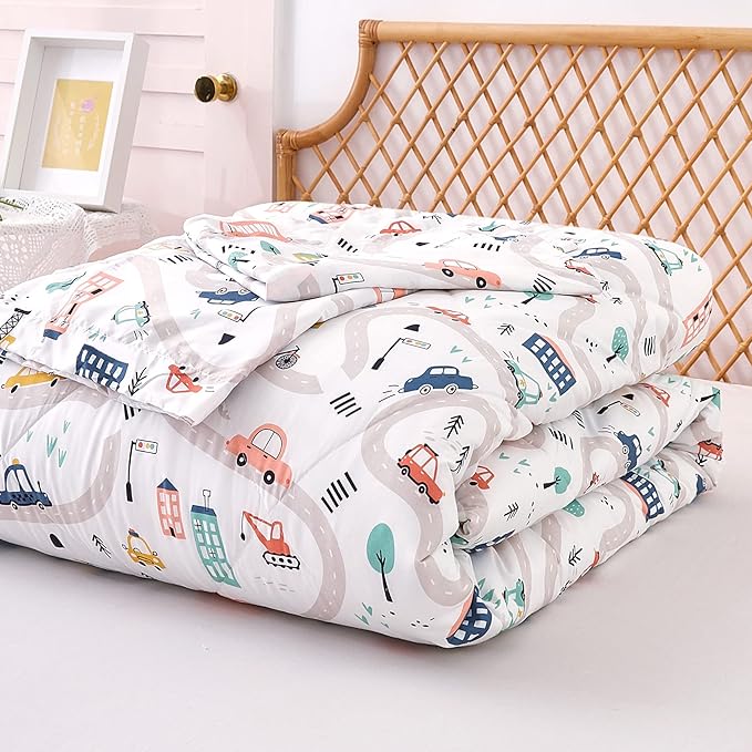 JSD Car Kids Printed Comforter Set for Boys Girls, 2 Pieces Twin Microfiber Comforter with Pillow Sham, Soft Comfortable Machine Washable - LeafyLoom