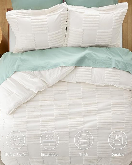 Bedsure Queen Comforter Set Cream White, Boho Tufted Bedding Comforter Set, Grande Checkered Farmhouse Shabby Chic Bed Set, 3 Pieces, 1 Plaid Geometric Comforter and 2 Pillow Shams - LeafyLoom