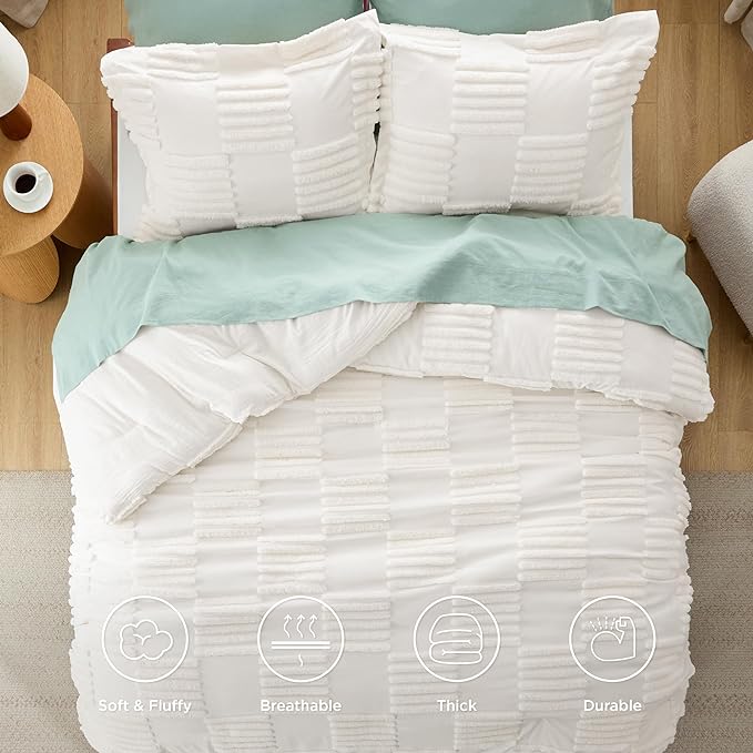 Bedsure Queen Comforter Set Cream White, Boho Tufted Bedding Comforter Set, Grande Checkered Farmhouse Shabby Chic Bed Set, 3 Pieces, 1 Plaid Geometric Comforter and 2 Pillow Shams - LeafyLoom