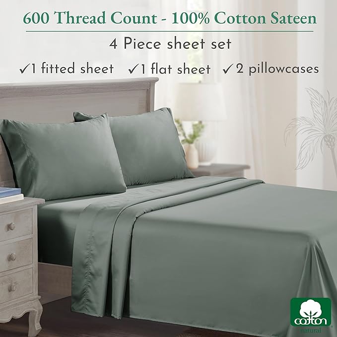 California Design Den - Luxury Full Size Sheet Set - 100% Cotton, 600 Thread Count Deep Pocket Full Size Bed Sheets, Hotel-Quality Cooling Sheets with Sateen Weave - Sage Green - LeafyLoom