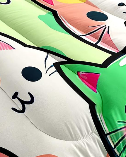 Cat Bedding Twin Size - Cat Comforter Set for Kids Girls Room Cartoon Cat Bedding Set Room Decor Teens Twin Comforter Sets for Girls, 1 Comforter+1 Pillowcase - LeafyLoom