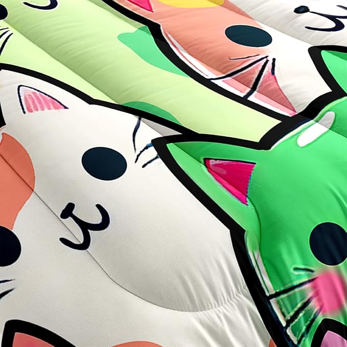 Cat Bedding Set - Full Size Comforter, 2 Pillowcases for Girls, Soft Breathable Polyester, Machine Washable, Cat Themed Bedding for Kids Room Decor, Birthday & Holiday Gift - LeafyLoom