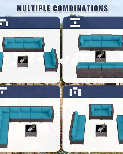 Patio Furniture Set 9-Pieces Outdoor Furniture for Backyard Wicker Sectional Sofa Set, Rattan Patio Conversation Set with Thickened Cushions and Glass Coffee Table, Turquoise - LeafyLoom