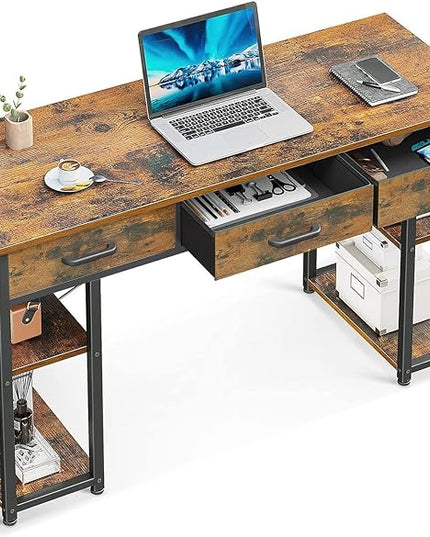 ODK Office Small Computer Desk: Home Table with Fabric Drawers & Storage Shelves, Modern Writing Desk, Vintage, 48"x16" - LeafyLoom