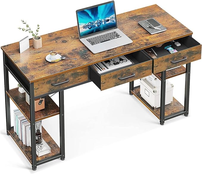 ODK Office Small Computer Desk: Home Table with Fabric Drawers & Storage Shelves, Modern Writing Desk, Vintage, 48"x16" - LeafyLoom