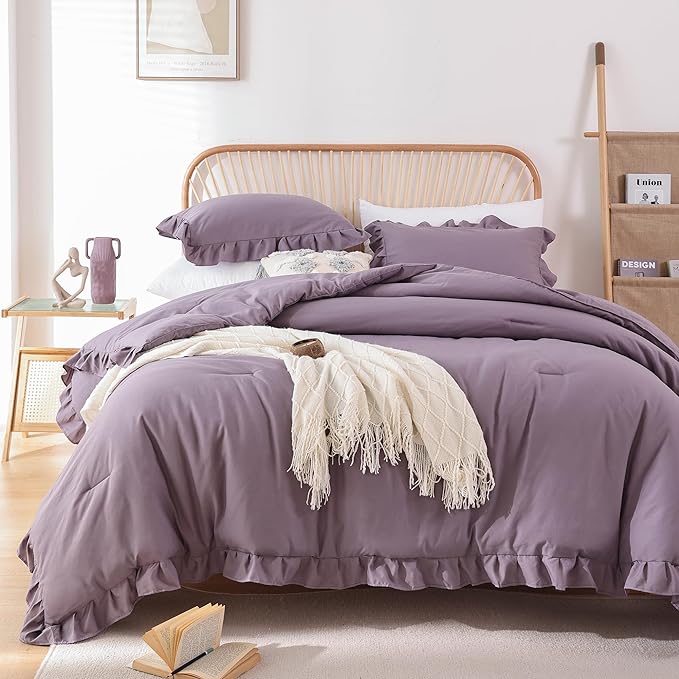 JANZAA Comforter Set Full Size Grayish Purple Ruffle Comforter 3PCS Soft Fluffy Comforter Vintage Farmhouse Bed Comforter Set Shabby Chic Bedding with 2 Pillowcases - LeafyLoom