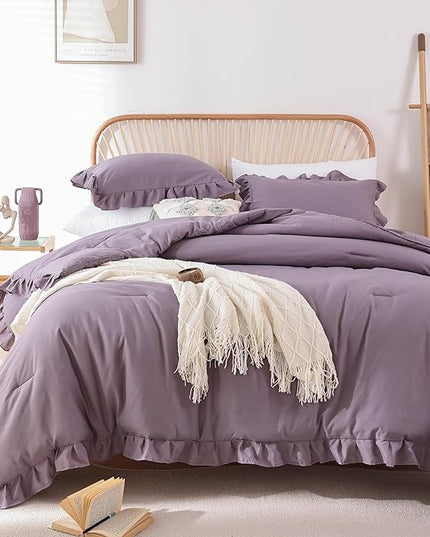 JANZAA King Size Comforter Set Grayish Purple Ruffle Comforter 3PCS Soft Fluffy Boho Comforter Vintage Farmhouse Bed Comforter Set Shabby Chic Bedding with 2 Pillowcases for All Season - LeafyLoom