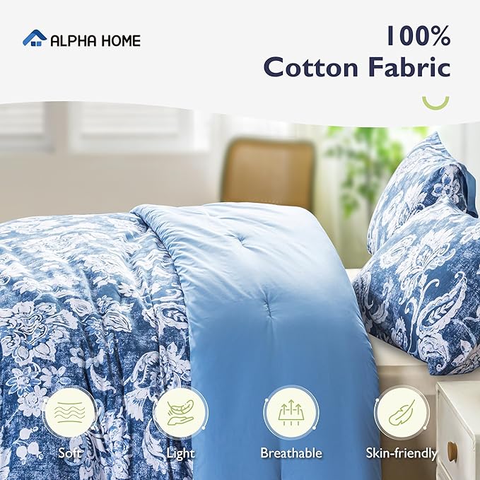 ALPHA HOME King Size Comforter Set, All Season Bedding Comforter Set, Comfortable Fluffy Floral Comforter Set with Cotton Fabric (1 Comforter, 2 Pillowcases) - LeafyLoom