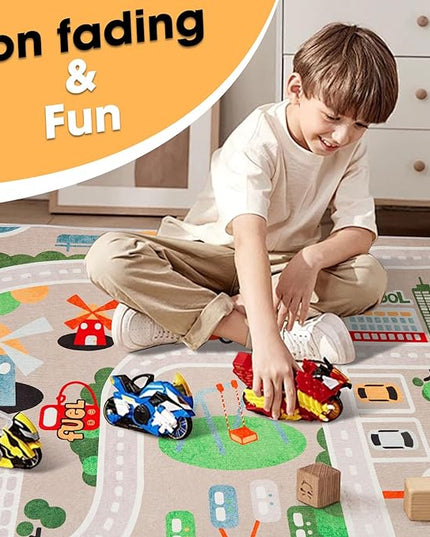 Kid Rug Carpet Playmat for Toy Cars and Train，Play Area Rug with Rubber Backing，Fun Throw Rug，Ideal Gift for Children Baby Bedroom Play Room(100×160cm/39×63in) - LeafyLoom