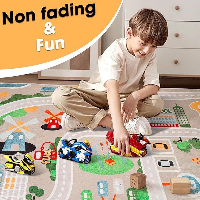 Kid Rug Carpet Playmat for Toy Cars and Train，Play Area Rug with Rubber Backing，Fun Throw Rug，Ideal Gift for Children Baby Bedroom Play Room(120×180cm/47×71in) - LeafyLoom