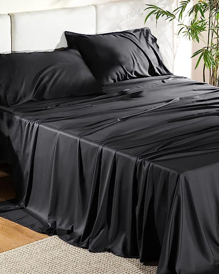 Bedsure King Size Sheet Set, Cooling Sheets King, Rayon Derived from Bamboo, Deep Pocket Up to 16", Breathable & Soft Bed Sheets, Hotel Luxury Silky Bedding Sheets & Pillowcases, Black - LeafyLoom