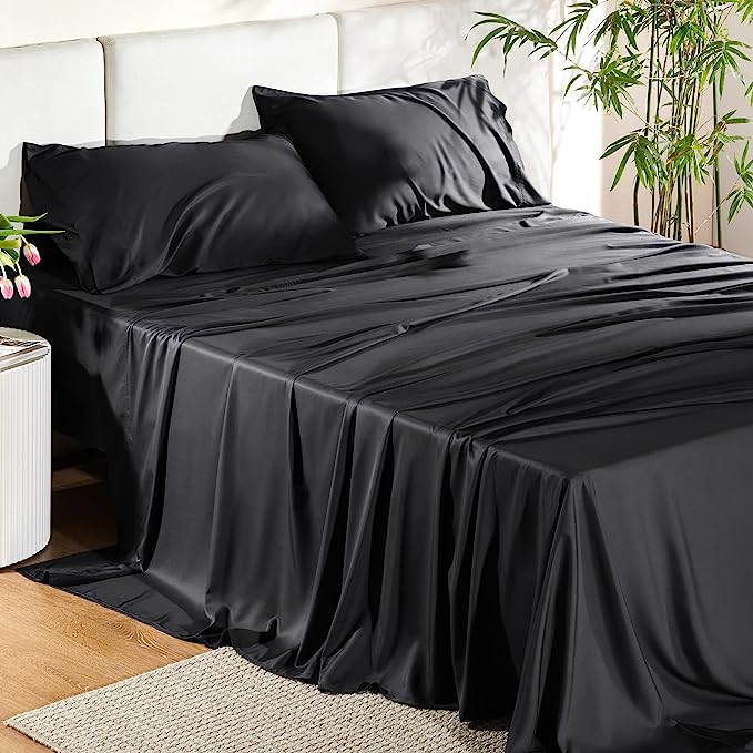 Bedsure King Size Sheet Set, Cooling Sheets King, Rayon Derived from Bamboo, Deep Pocket Up to 16", Breathable & Soft Bed Sheets, Hotel Luxury Silky Bedding Sheets & Pillowcases, Black - LeafyLoom
