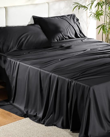 Bedsure California King Sheet Sets, Cooling Sheets, Rayon Derived from Bamboo, Deep Pocket Up to 16", Breathable & Soft Bed Sheets, Hotel Luxury Silky Bedding Sheets & Pillowcases, Black - LeafyLoom