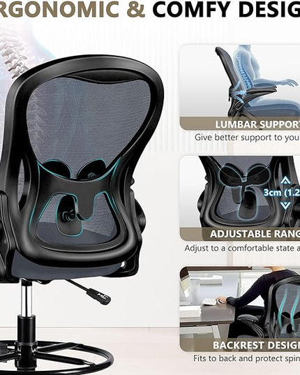 Drafting Chair, Tall Office Chair Ergonomic Standing Desk chair, Lumbar Support Computer Chair Swivel Task Rolling Chair with Adjustable Flip-up Armrests & Foot Ring (Dark Gray) - LeafyLoom